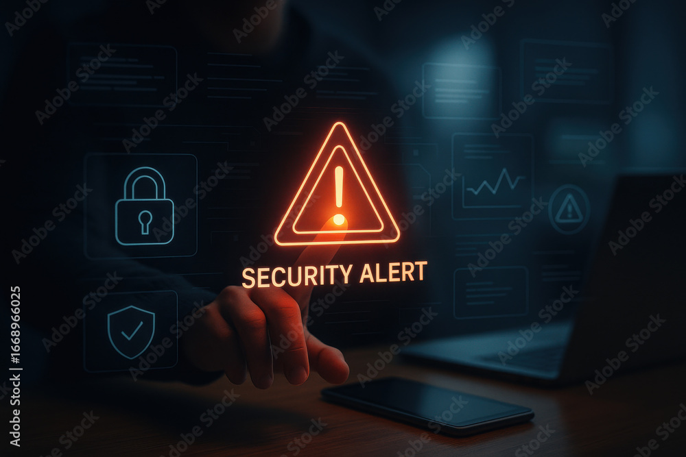Poster security alert warning on digital screen with finger pointing and laptop
