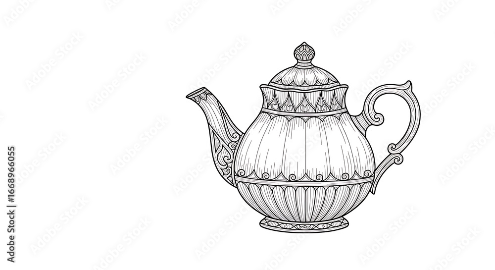 Poster detailed line drawing of an ornate teapot with decorative patterns on a white background space for t