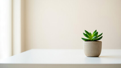 Small succulent plant in a simple pot on a white table with a soft background