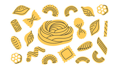 Different types of pasta. Hand drawn doodle macaroni, farfalle, penne, fusilli, stellino, ruot, ditalini. Italian cuisine gourmet food elements. Vector illustration in trendy flat style
