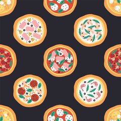 Seamless pattern with cute tasty hand drawn Italian pizza. Doodle pizza print for banner, wallpaper, textile, wrapping paper, background, cards. Vector illustration in flat style