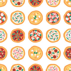 Seamless pattern with cute tasty hand drawn Italian pizza. Doodle pizza print for banner, wallpaper, textile, wrapping paper, background, cards. Vector illustration in flat style