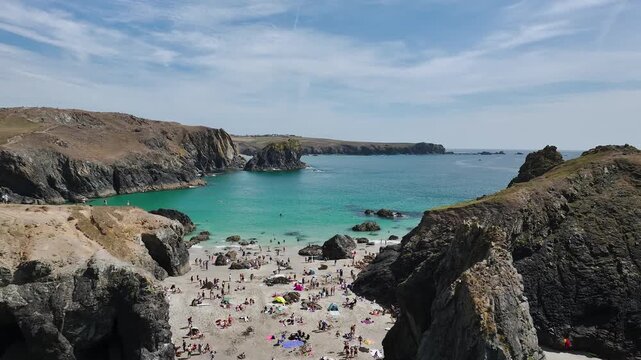 Kynance Cove from a drone, Mount's Bay, Lizard Point, Cornwall, England