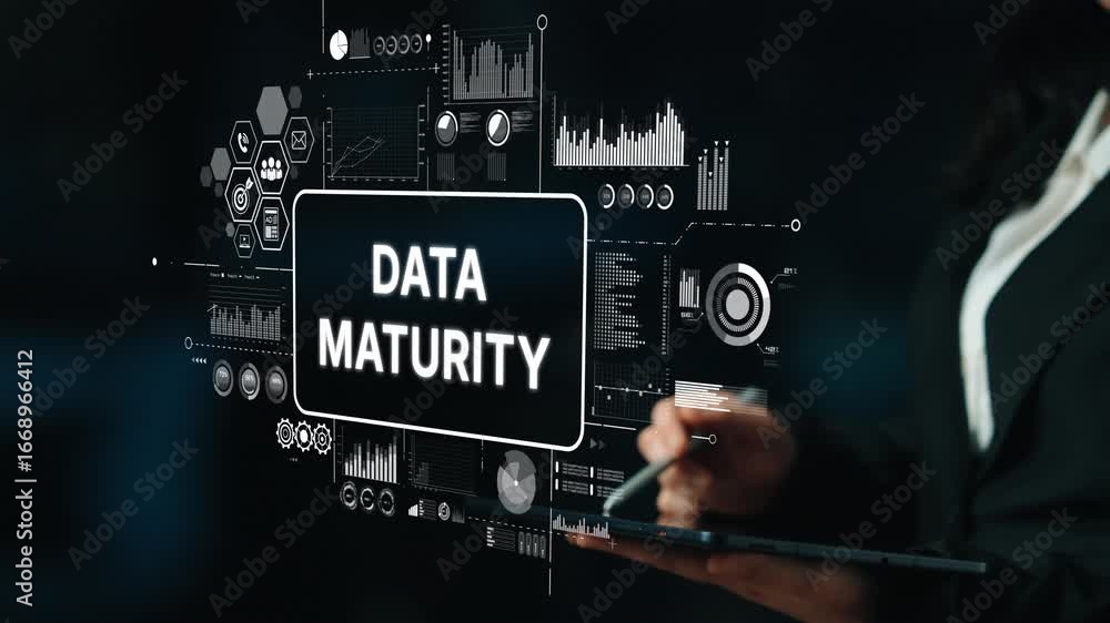 Aufkleber data maturity concept with analysis graphics and business professional interaction in modern technol