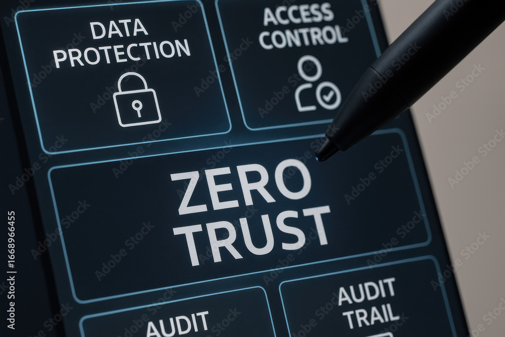Poster zero trust cybersecurity concept on digital screen with pen pointing