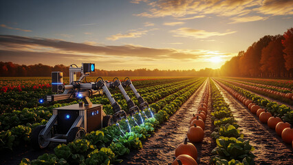The image is a wide, horizontal shot of an autonomous agricultural robot with multiple arms tending to rows of crops, including pumpkins, in a vast field at sunset