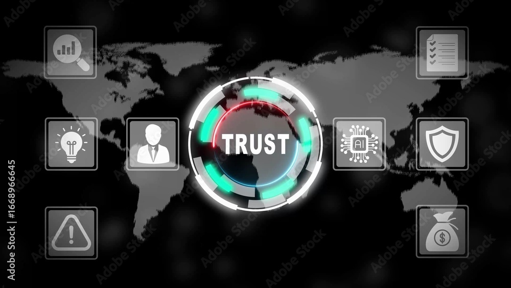 Poster global trust and security concept with world map background and icons image photo