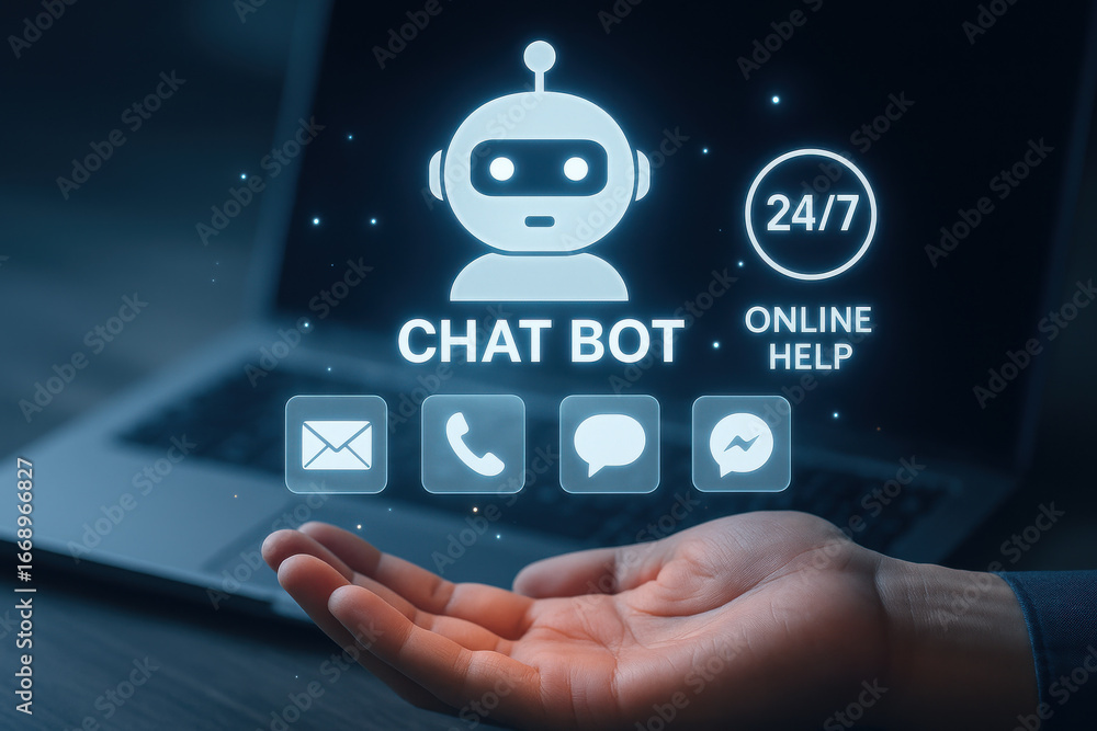 Poster chatbot technology with 24/7 online help icons floating above open hand in front of laptop
