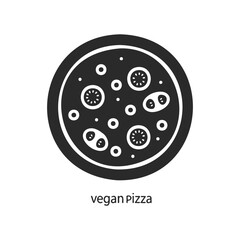 Obraz premium Black and white vegan pizza icon with toppings