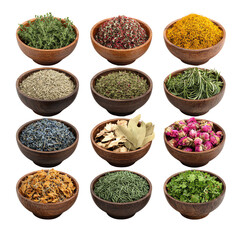 3D Bowls with Dried Herbs PNG – Herbal Ingredients Collection, Isolated Transparent Background on White Background