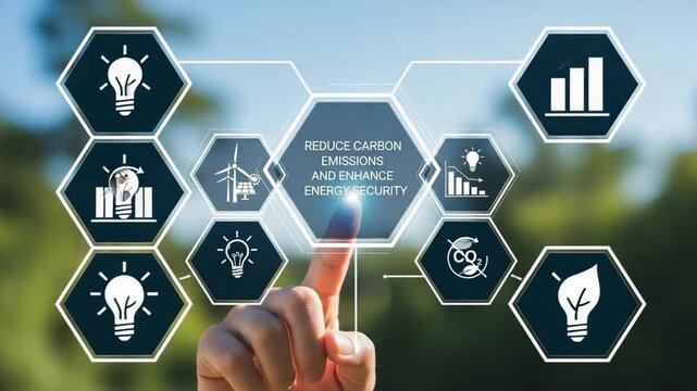 Finger touching digital interface promoting carbon emission reduction and energy security ideas