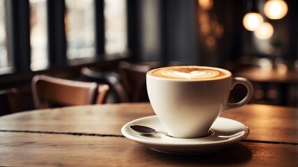 Obraz premium Hot cappuccino and latte art coffee cups on wooden table in cozy café 