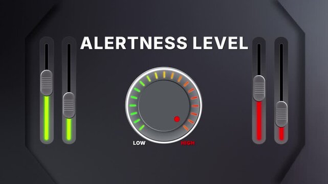 Animation of Alertness level on a circular gauge moving from low to high and back. Can be used to show increase or decrease. Perfect for mental health, focus, or awareness visuals.