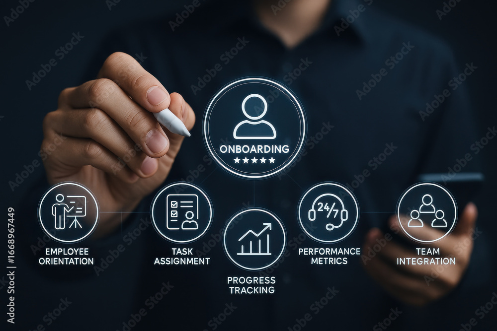 Poster onboarding process with employee orientation, task assignment, progress tracking, and team