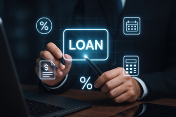 Loan percentage calculator concept with businessman hand pointing on digital screen