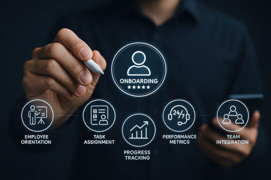 Onboarding process with employee orientation, task assignment, progress tracking, and team