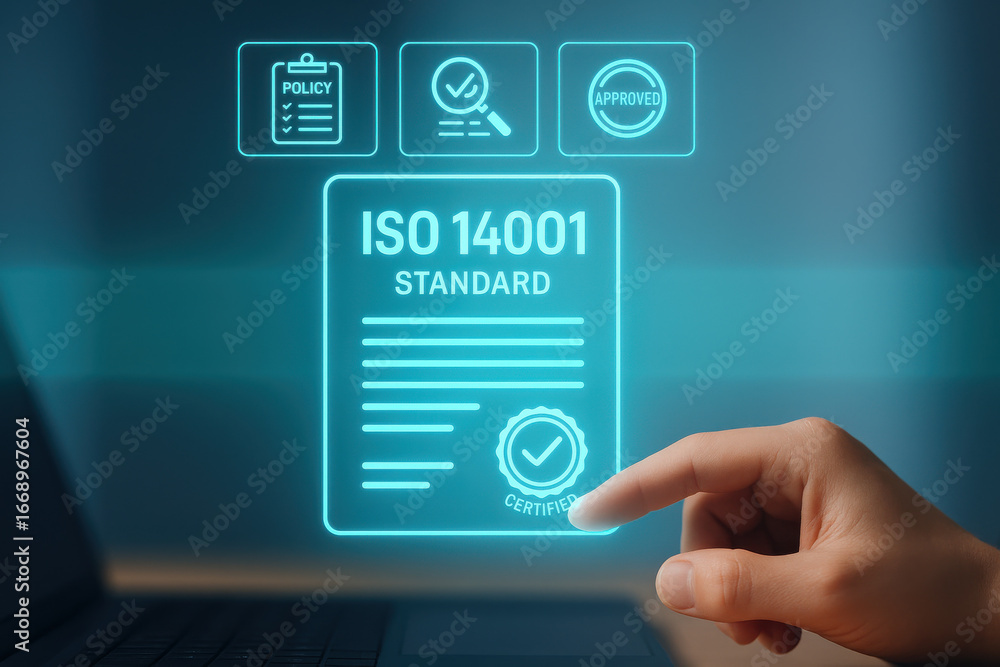 Poster iso 14001 standard certification concept with hand pointing on digital interface