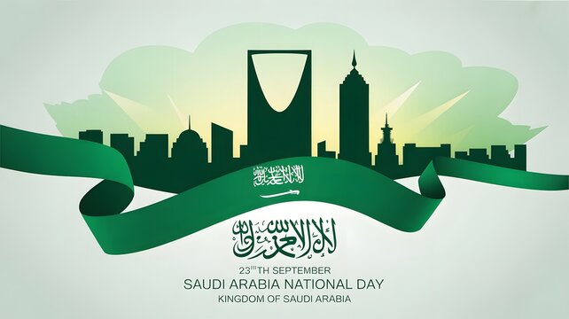 Saudi Arabia National Day celebration with green ribbon and cityscape silhouette image