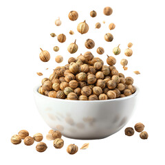 3D Bowl with Coriander Seeds PNG – Spices Spilling Realistic Render, Isolated Transparent Background on White Background