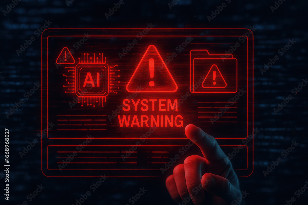 Aufkleber red digital system warning alert with ai chip and folder icons on screen