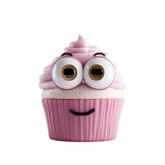3D Cupcake Character PNG – Pink Frosting with Cute Eyes, Isolated Transparent Background on White Background