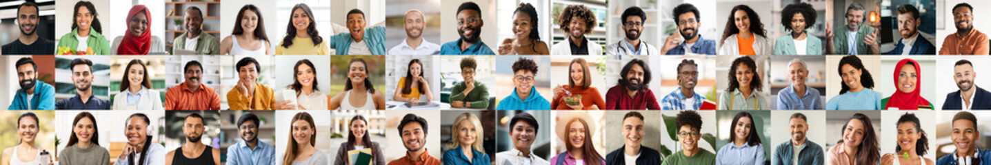 Fototapeta premium A vibrant collection of joyful, diverse individuals smiling and engaging in various activities. This collage showcases the beauty of diversity and shared happiness among people.