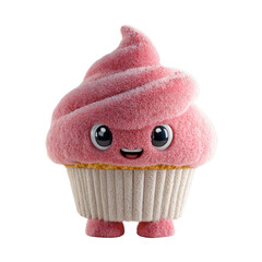 3D Kawaii Cupcake Character PNG – Pink Frosting Sweet Cartoon, Isolated Transparent Background on White Background