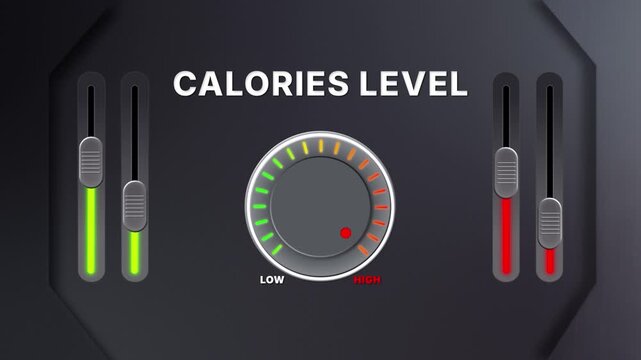 Animation of Calories level on a circular gauge moving from low to high and back. Can be used to show increase or decrease. Perfect for diet, nutrition, and health visuals.