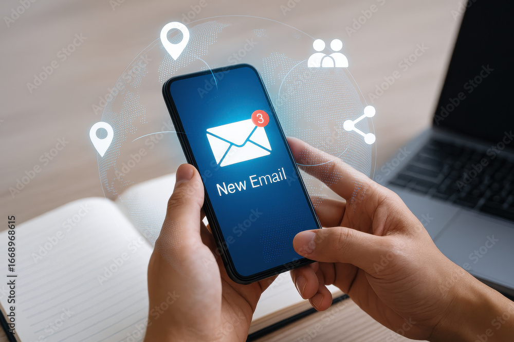 Poster new email notification on smartphone screen with digital icons and laptop in background