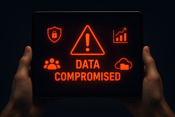 Data compromised warning on digital tablet screen with security icons