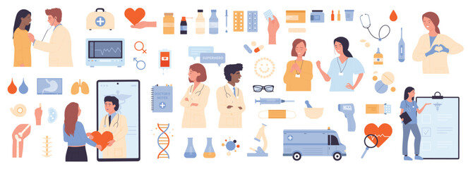 Medicine set vector illustration. Cartoon medical collection with doctors and patients characters in hospital and ambulance, pills from drugstore and first aid kit, syringe and thermometer, vaccine