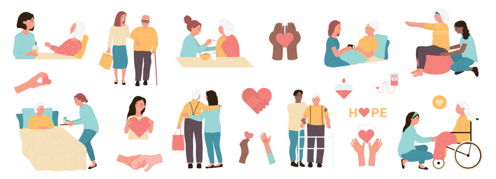 Physiotherapy, rehabilitation, elderly care set vector illustration. Cartoon caregivers and old patients walking with walker and stick, carer feeding senior lady, giving assistance, support and help