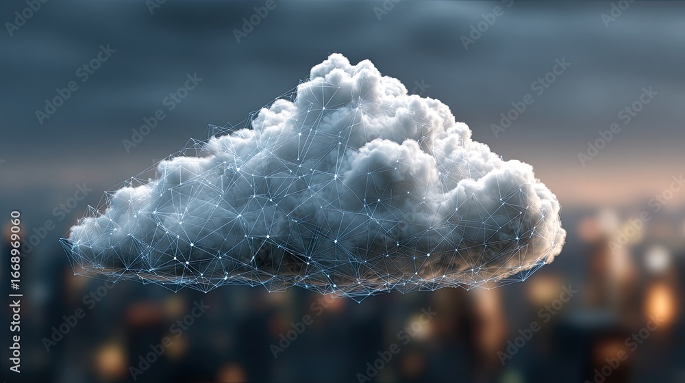 Poster white fluffy cloud formation linked by digital network hovering above a blurry cityscape in the late