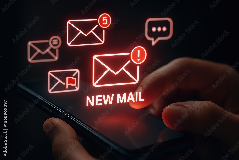Poster new mail notification on smartphone screen with hand touching device in dark