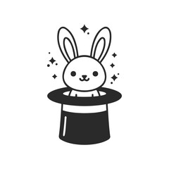 Cartoon rabbit popping out of a magic hat with sparkles around