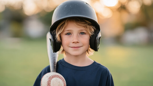 Young baseball player smiling with helmet and bat in sunlit field