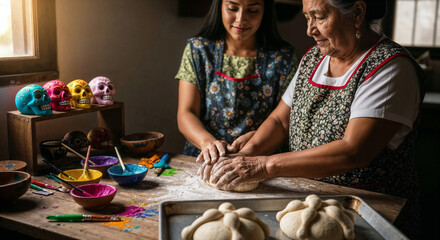 Grandmother and granddaughter kneading dough for Pan de Muerto in an artistic workshop