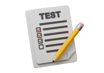 Isolated 3D Illustration of a Test Form with Completed Checkboxes and a Sharp Yellow Pencil with an Eraser Against a White Background