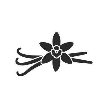 Vanilla bean pod icon with flower silhouette on white background