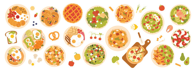 Top view of table with food on plates vector illustration. Cartoon dishes collection for family lunch or dinner in restaurant or home, meals for eating on traditional English breakfast and brunch