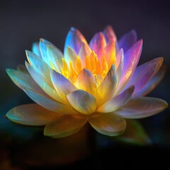 Golden lotus flower glowing with a soft rainbow aura in a dark studio setting, high-contrast lighting, macro detail, ethereal