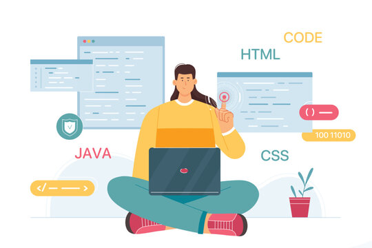 Work of developer and coder with software vector illustration. Cartoon character working with interactive interface, engineer coding program with computer language, programming with network clouds