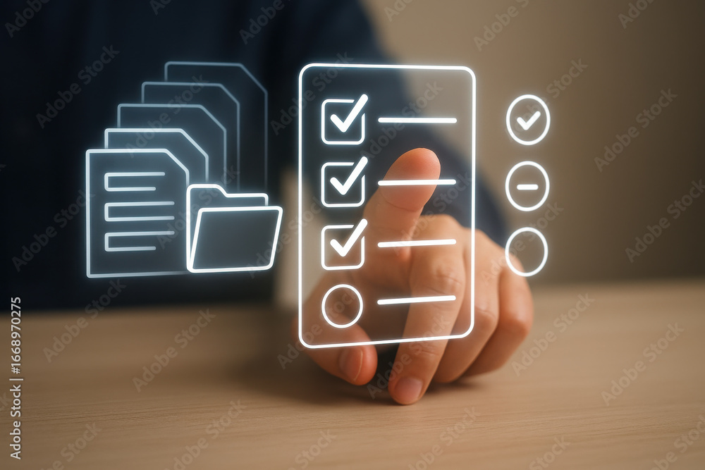 Poster digital checklist with folder and documents icons, hand interacting with virtual interface