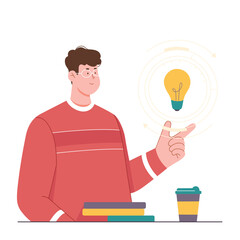 Success of new discovery and creative idea vector illustration. Cartoon smart young man with bright light bulb over hand thinking on future business startup, discovery and motivation of person