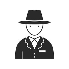Silhouette of male in hat and suit icon on white background