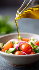 Golden olive oil drizzling over fresh vegetable salad for a healthy meal