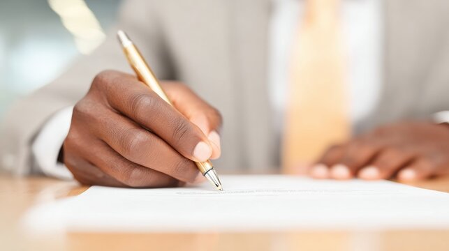 Professional man signing important documents in an office setting during daytime