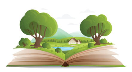 Summer forest landscape on paper pages of open book vector illustration. Cartoon magic spring nature with trees and mountains, water of lake and cute family house, fantasy adventure in storybook