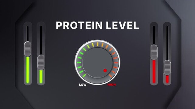 Animation of Protein Level on a circular gauge moving from low to high and back. Can be used to show increase or decrease. Perfect for fitness, health, or diet visuals.