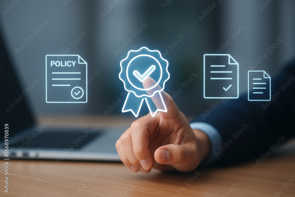 Poster hand pointing digital certificate icon with check mark and policy document blurred laptop